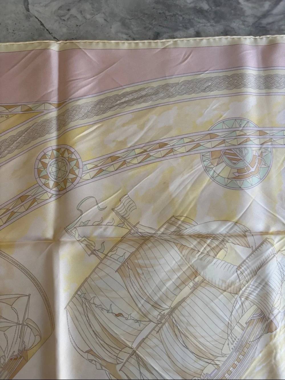 Vintage Hermès Frégates Magnifiques Silk Scarf, pastel pink, yellow and brown.